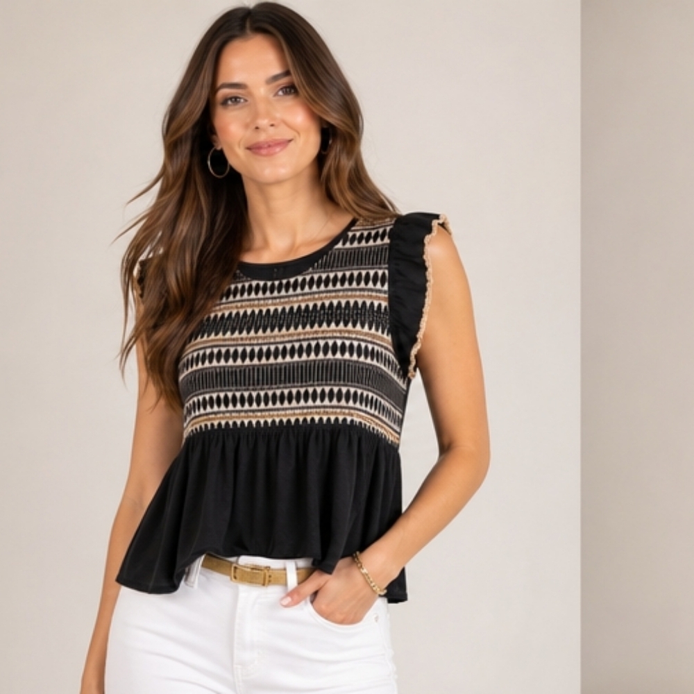 THML Black and Cream Smocked Peplum Flutter Sleeve Top